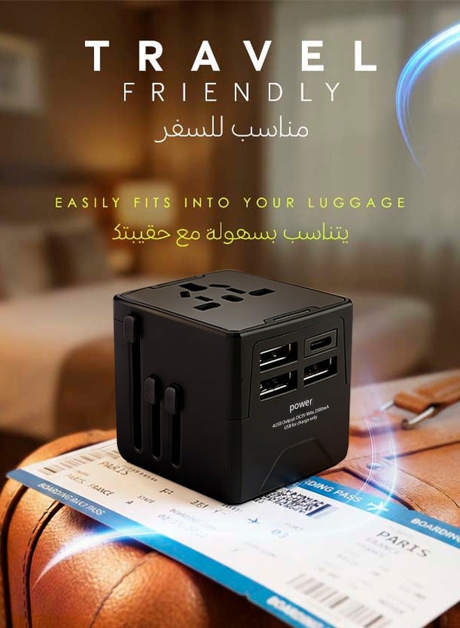 Bukela Universal Travel Adapter, International Travel Plug Adapter All in One Worldwide Wall Charger with USB-C PD Fast Charging 3A 3 USB Ports for Europe USA UK AUS（Black） - Image 1